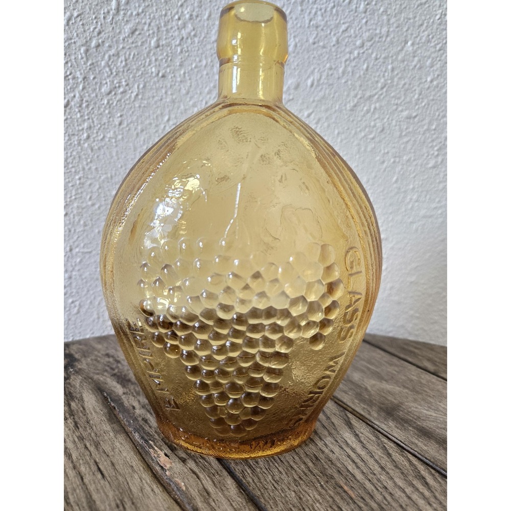 Vintage Empire Glass Works Grapes & Eagle Amber Glass Wine Bottle Flask Vase MCM
